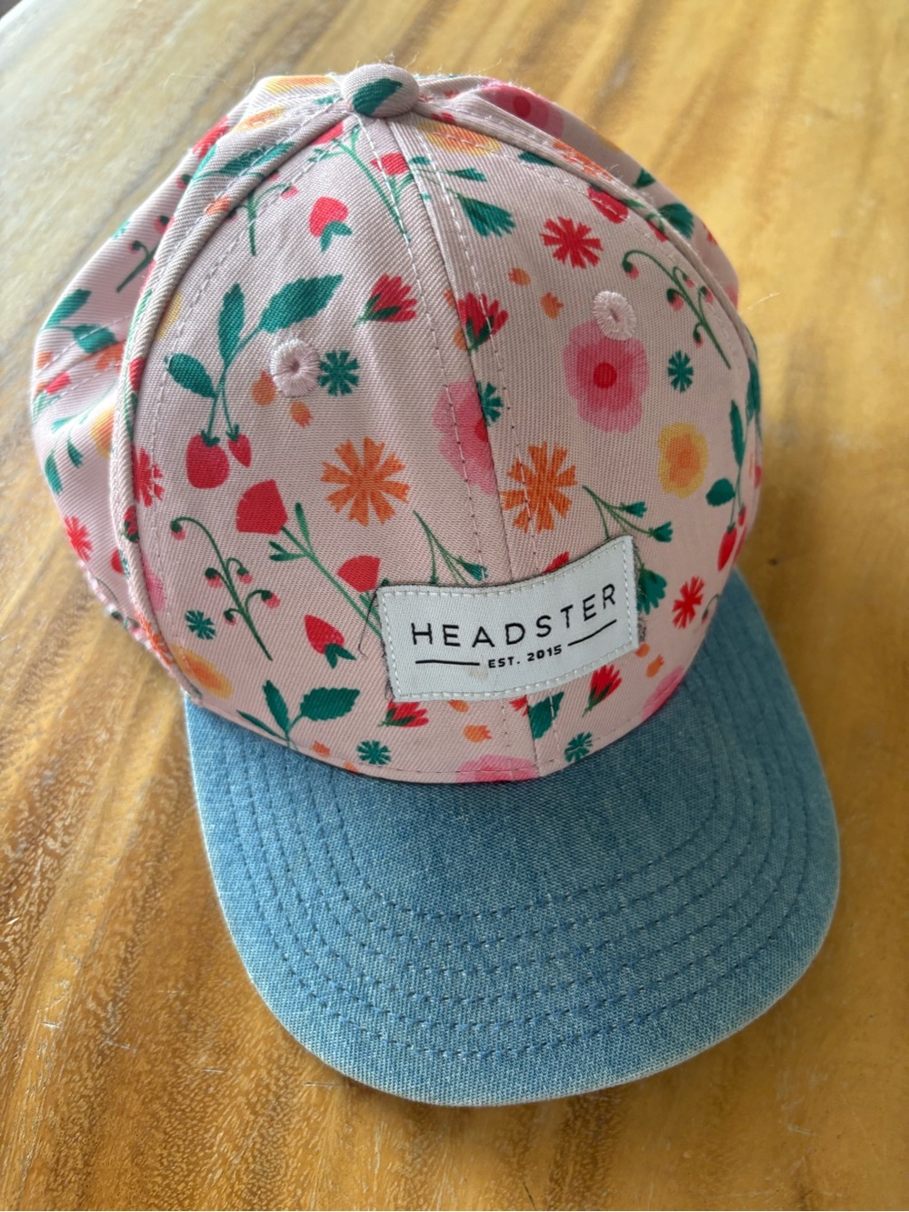 Pink Floral Kids Hat with Blue Denim Brim